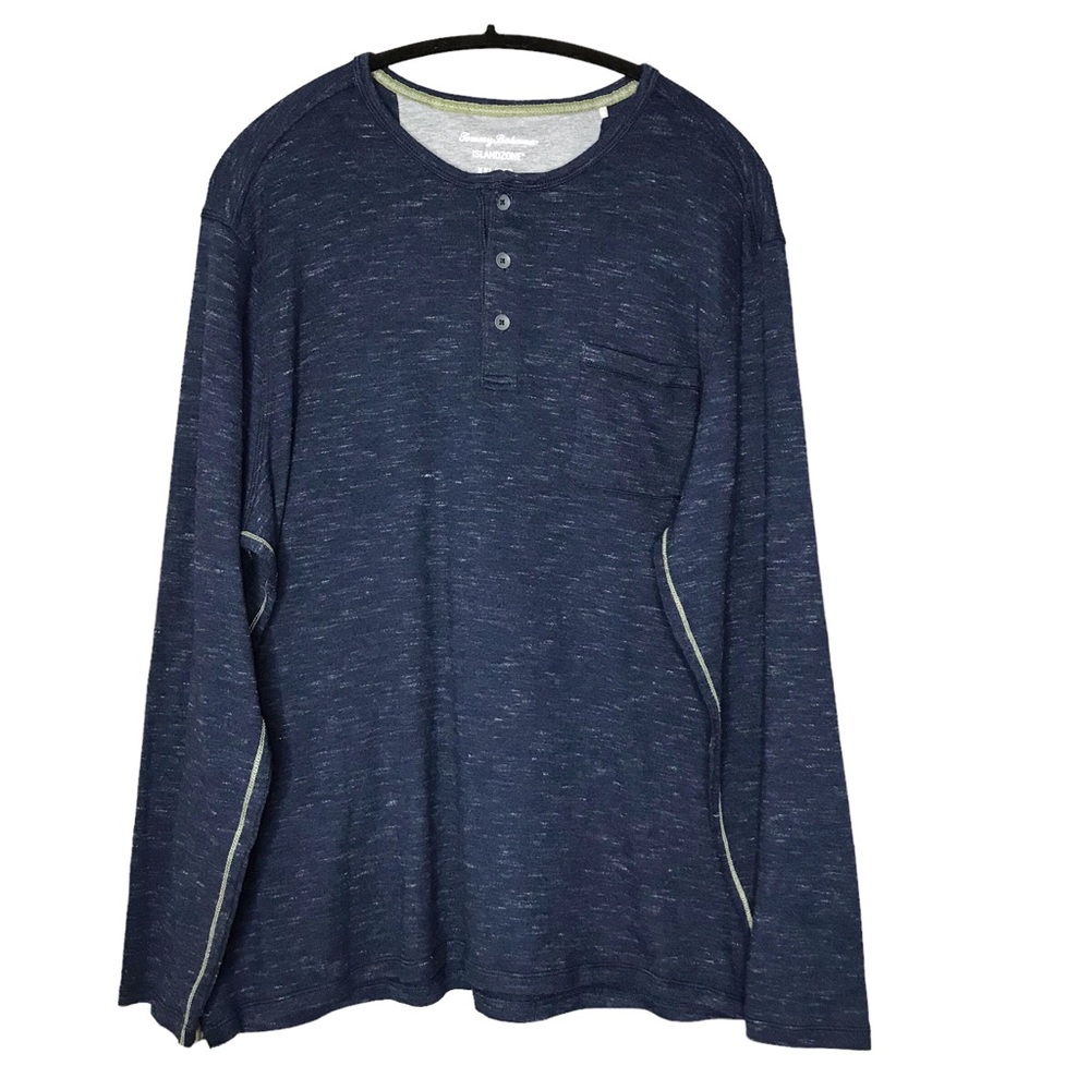 Tommy Bahama Cotton Blend Long Sleeve Tee Henley Heathered Navy Blue T-Shirt XXL